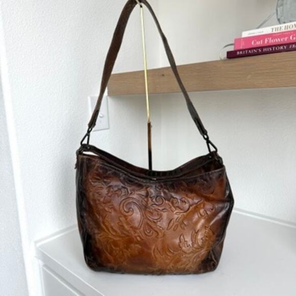 Civico93 Tooled Leather Shoulder Bag Brown Made in Italy Boho Western Tote - Picture 2 of 9